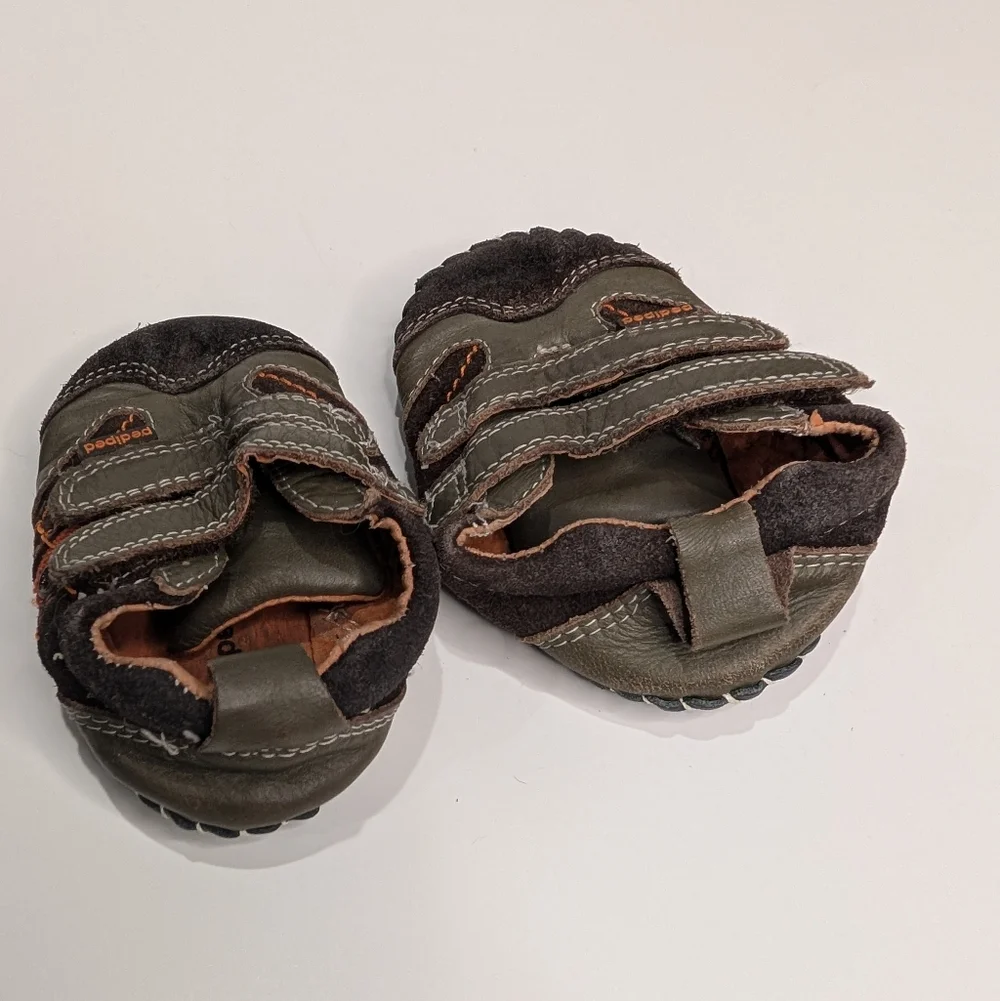 Pediped Leather Baby Shoes | Size 12–18 Months | Soft Sole Flex | Gray & Orange